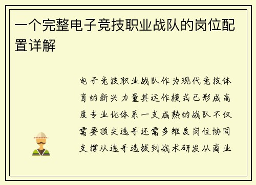 一个完整电子竞技职业战队的岗位配置详解