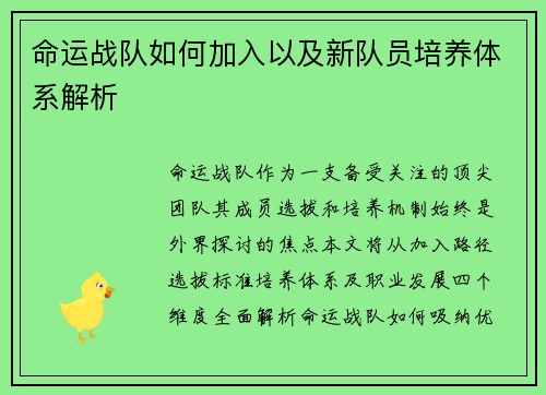 命运战队如何加入以及新队员培养体系解析